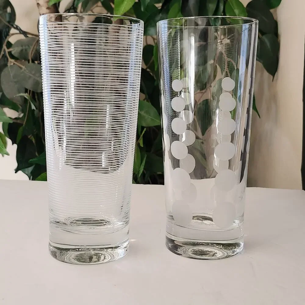 Vtg 2 Mikasa Cheers Highball Etched Glasses Pin Stripes & Dots New Y2K